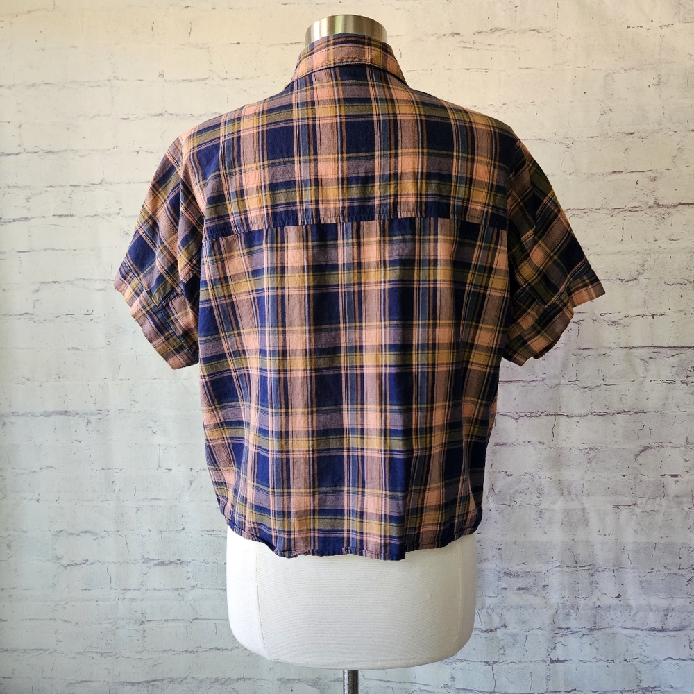 Madewell Plaid Tie Hem Button Front Short Sleeve Shirt Navy Blue Peach Medium - Picture 5 of 12